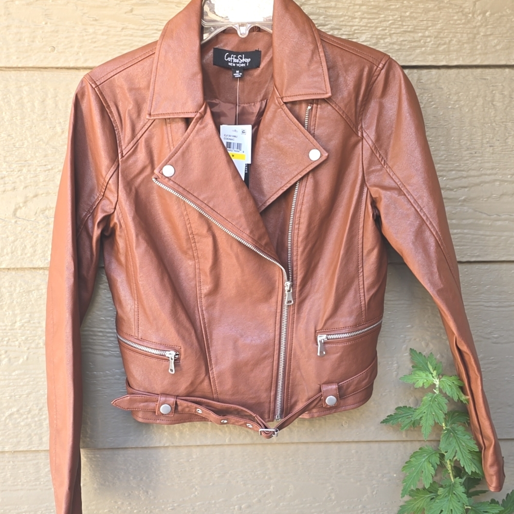 CoffeeShop Cognac Vegan Leather Jacket And New NWT
